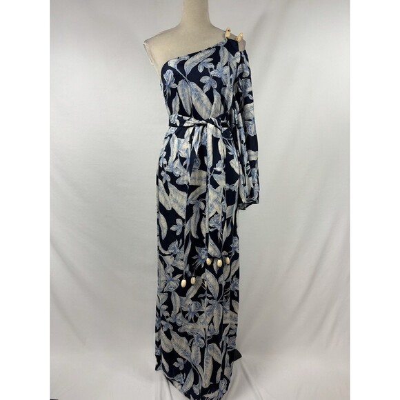 Alexis Randi One Shoulder Maxi Dress Navy Blue Floral Print Size XS Beaded Belt - Picture 1 of 12